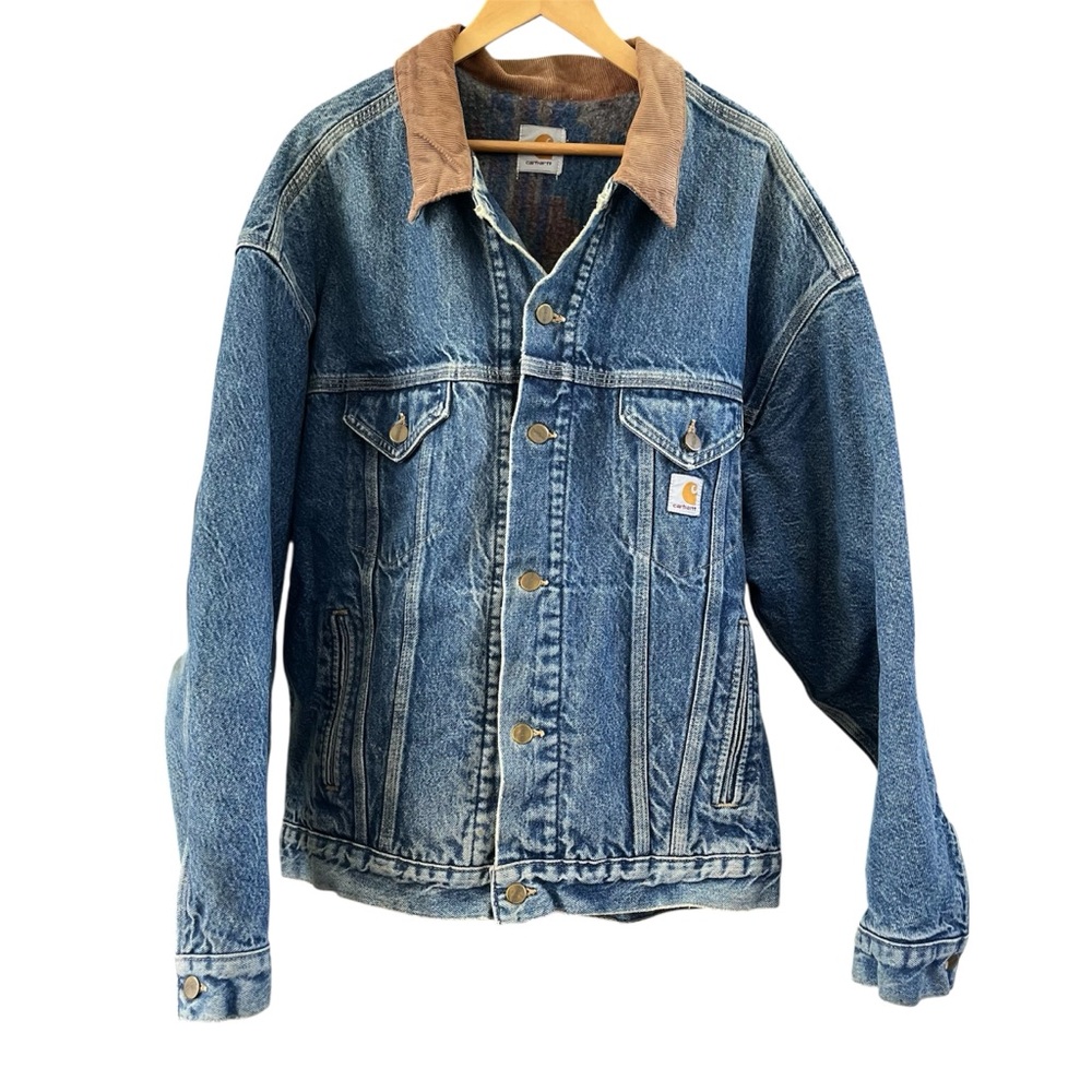 Vintage Carhartt Denim Aztec Trucker Jacket Southwest Blanket Lined XL